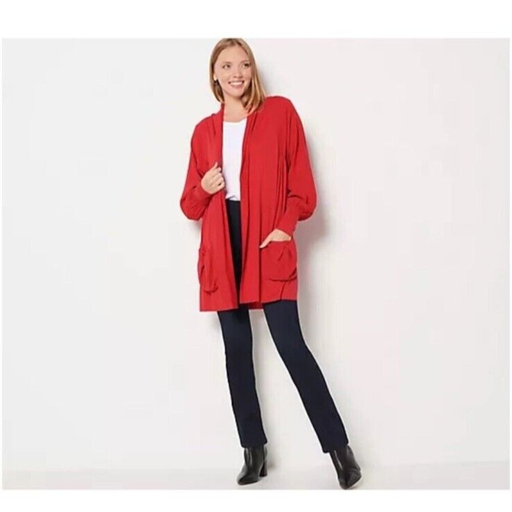 Truth Style Mix Media Cardigan With Smocked Sleeve Size XS Deep Red A455528 QVC